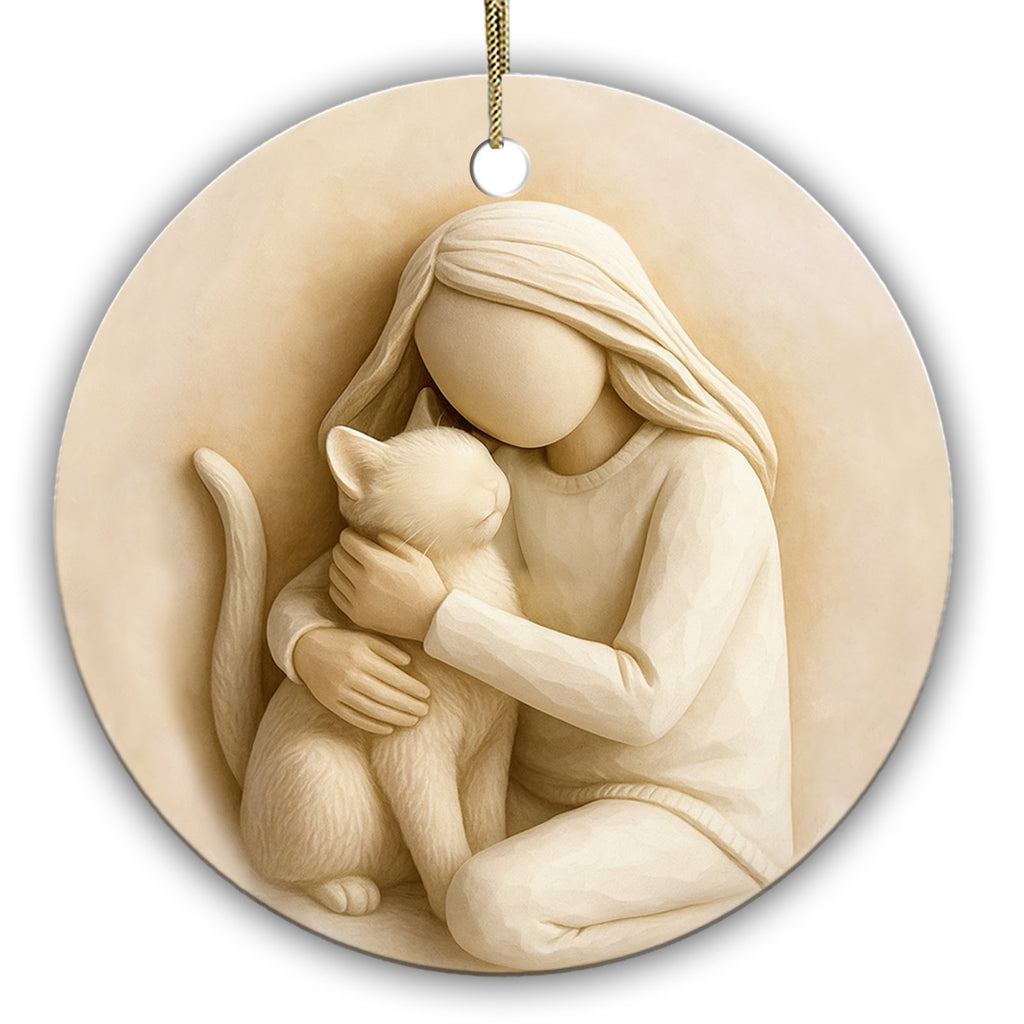 Sculpted Ivory Relief of a Woman Cradling Her Cat. Ceramic Keepsake for Cat Moms and Pet Remembrance.