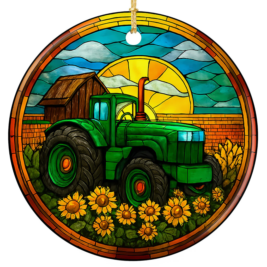 Tractor, Weathered Barn and Sunflowers Under a Rising Sun. Ceramic Keepsake for Farmers and Country Homes.