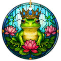Smiling Green Frog in a Jeweled Crown Holding a Pink Lotus. Ceramic Keepsake for Frog Lovers.
