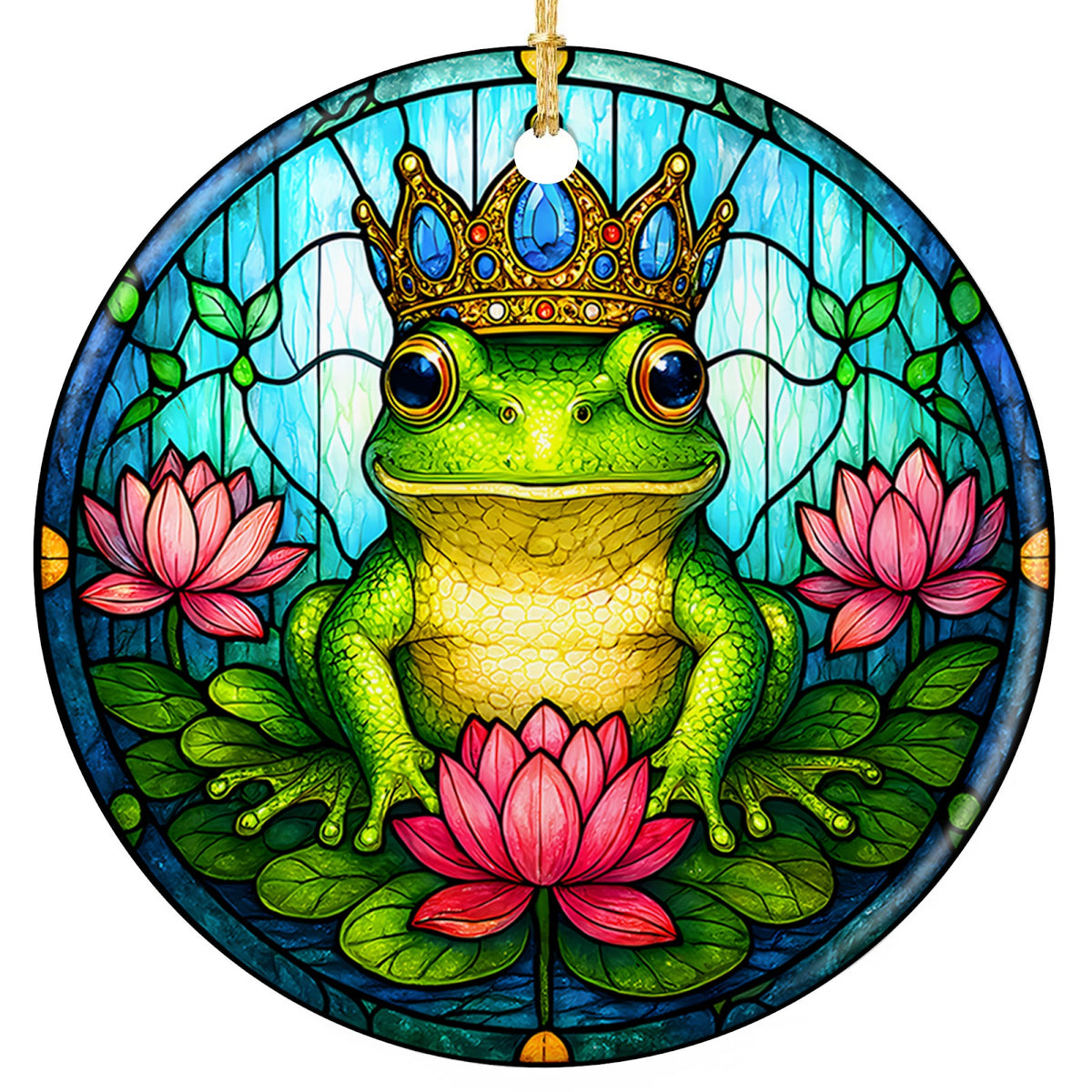 Smiling Green Frog in a Jeweled Crown Holding a Pink Lotus. Ceramic Keepsake for Frog Lovers.