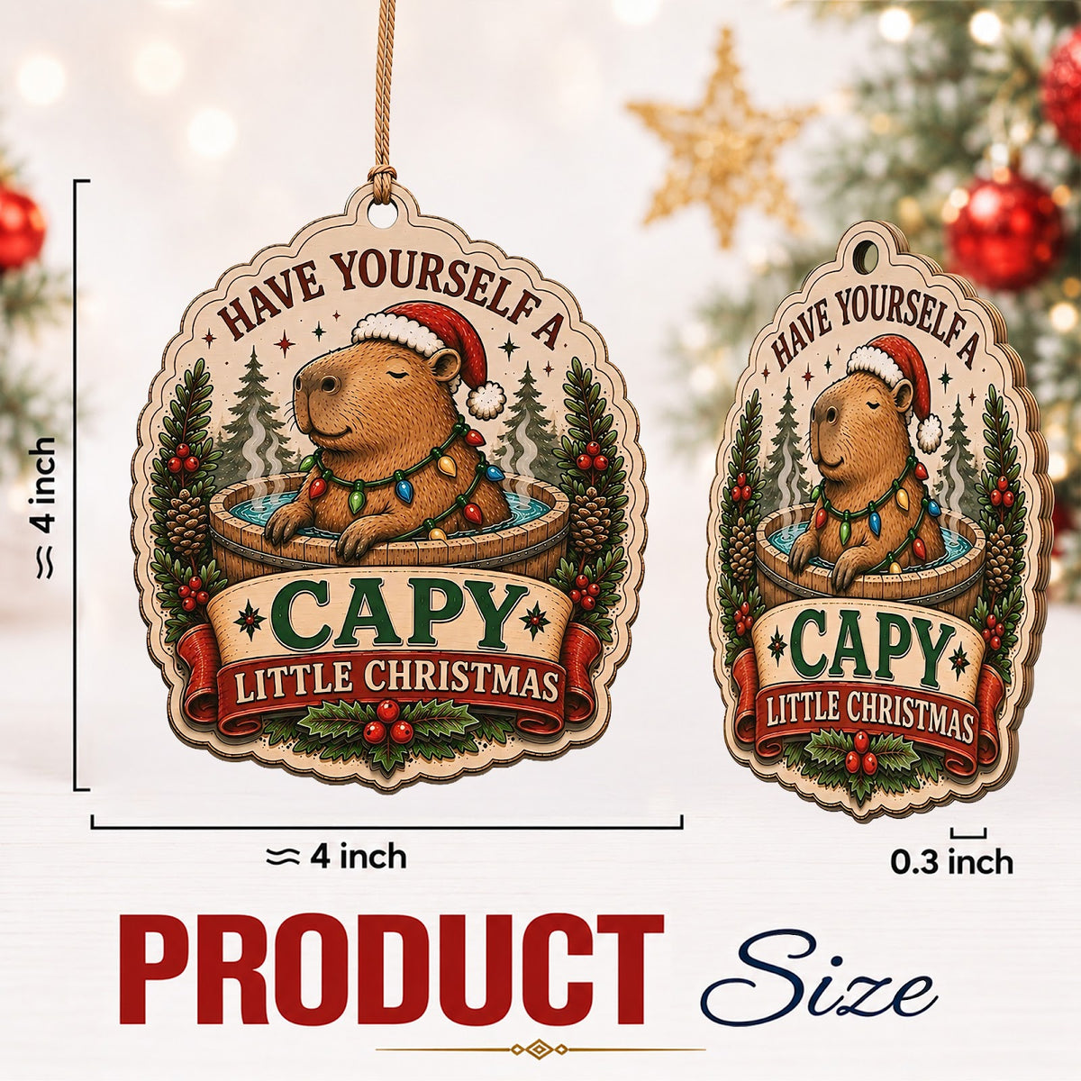 Capybara Christmas Ornament, Stocking Stuffer For Cute Animal Lover, Wood Tree Decoration