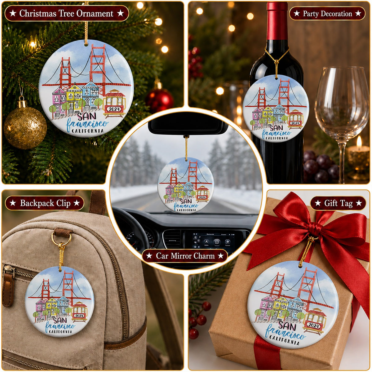 San Francisco Christmas Ornament, California Souvenir, Ceramic Hanging Tree Decoration