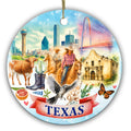 Longhorn Steer, Riders on Horseback, Bluebonnets and a Limestone Mission. Ceramic Keepsake for Texas Pride.
