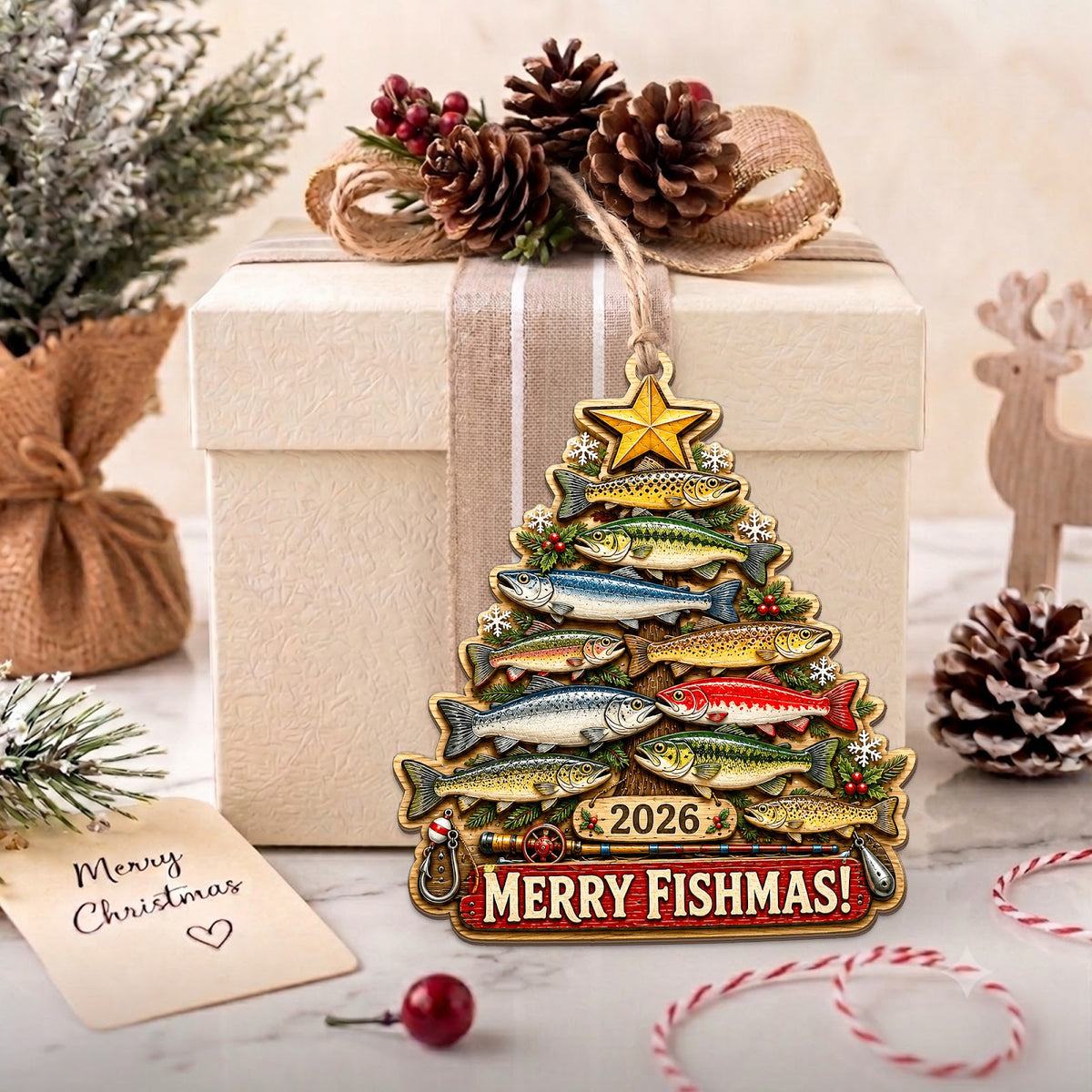 Merry Fishmas Fishing Christmas Ornament, Stocking Stuffer For Angler, Wood Tree Decoration