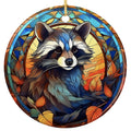 Masked Raccoon in Leaded Glass Against a Golden Sunset. Ceramic Keepsake for Woodland and Forest Decor.