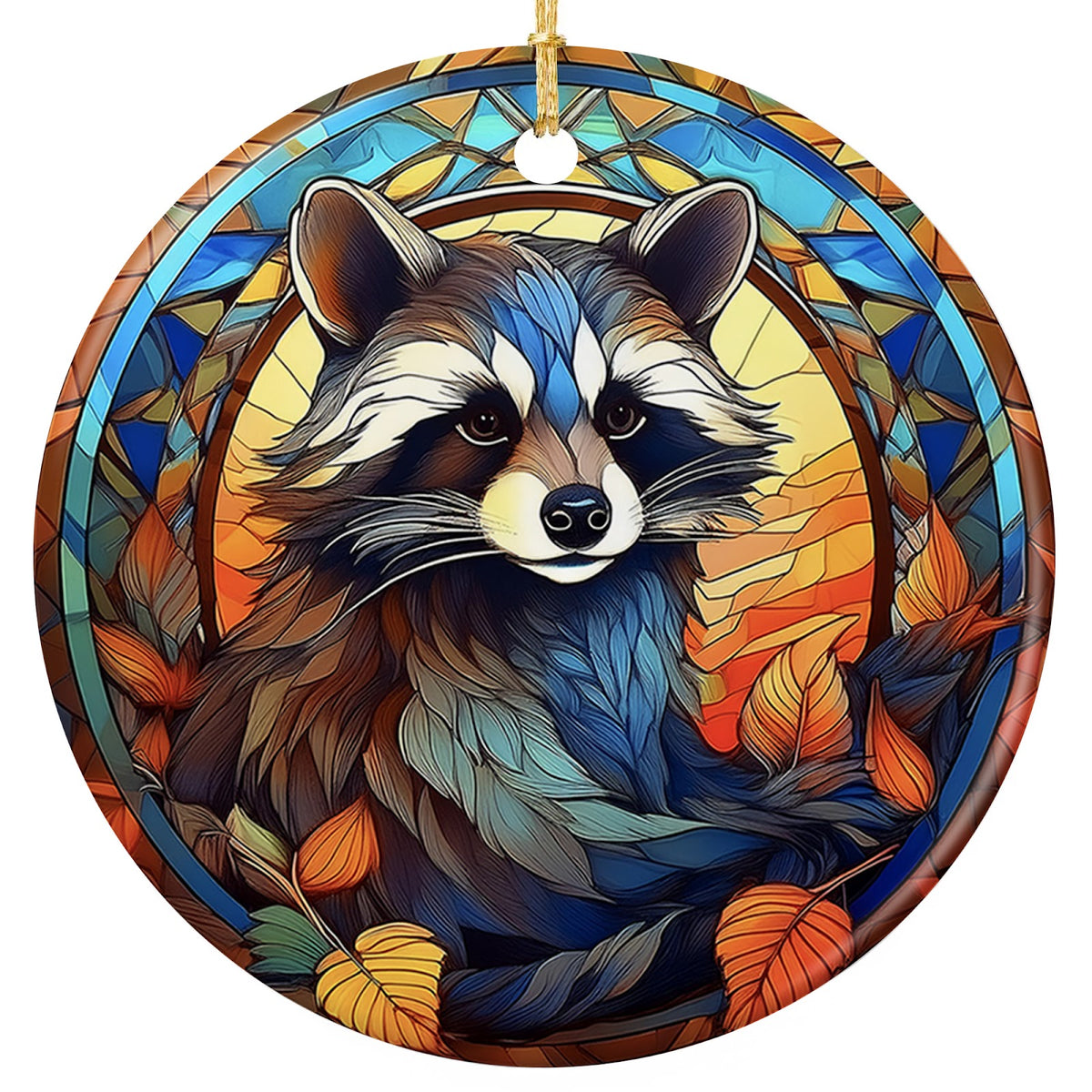 Masked Raccoon in Leaded Glass Against a Golden Sunset. Ceramic Keepsake for Woodland and Forest Decor.