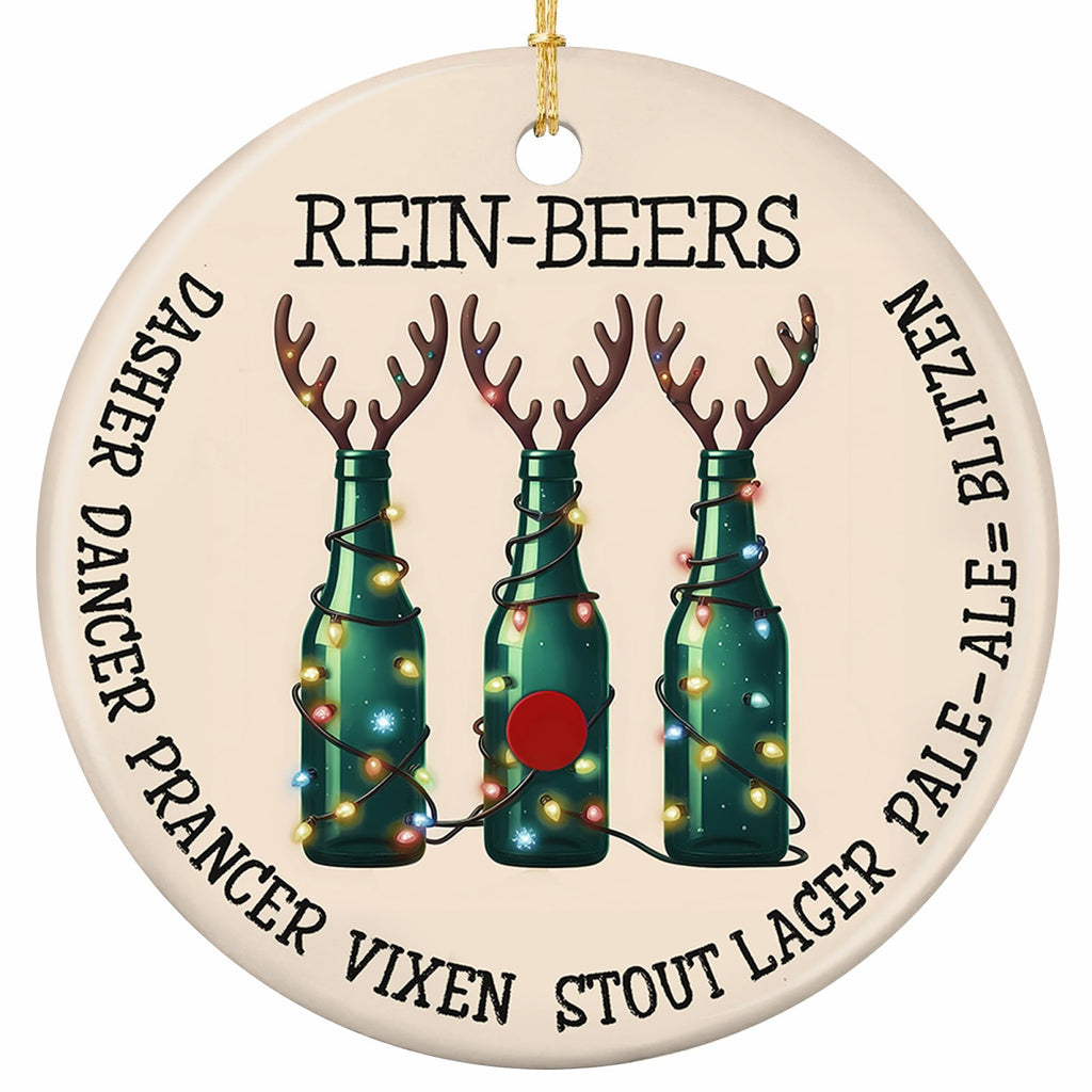 Three Bottles Sprouting Antlers and Wrapped in Fairy Lights, Ringed by Punning Names. Ceramic Keepsake for Beer Lovers.