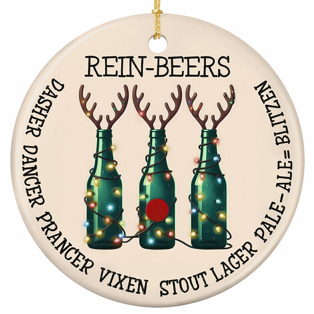 Three Bottles Sprouting Antlers and Wrapped in Fairy Lights, Ringed by Punning Names. Ceramic Keepsake for Beer Lovers.