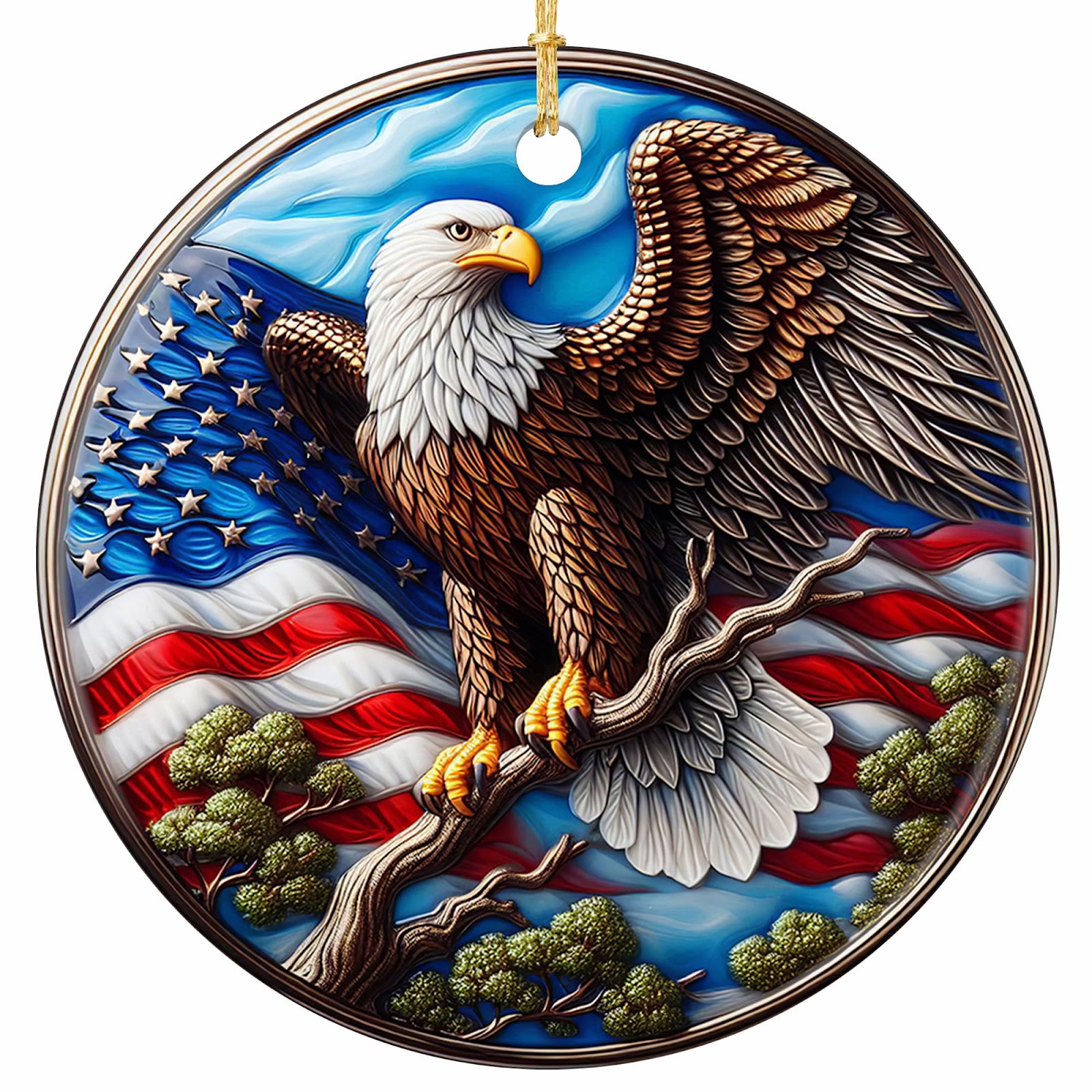 Bald Eagle With Raised Wings Carved Over a Rippling Flag in a Bronze Beaded Rim. Ceramic Patriotic Keepsake.