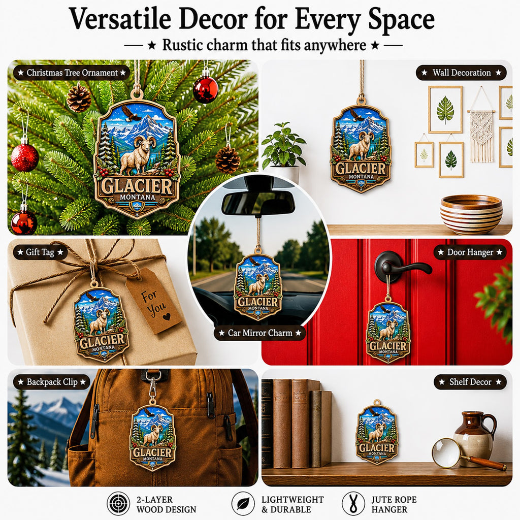 Glacier National Park Christmas Ornament, Montana Alpine Hiker Souvenir Gift, Wood Ornament