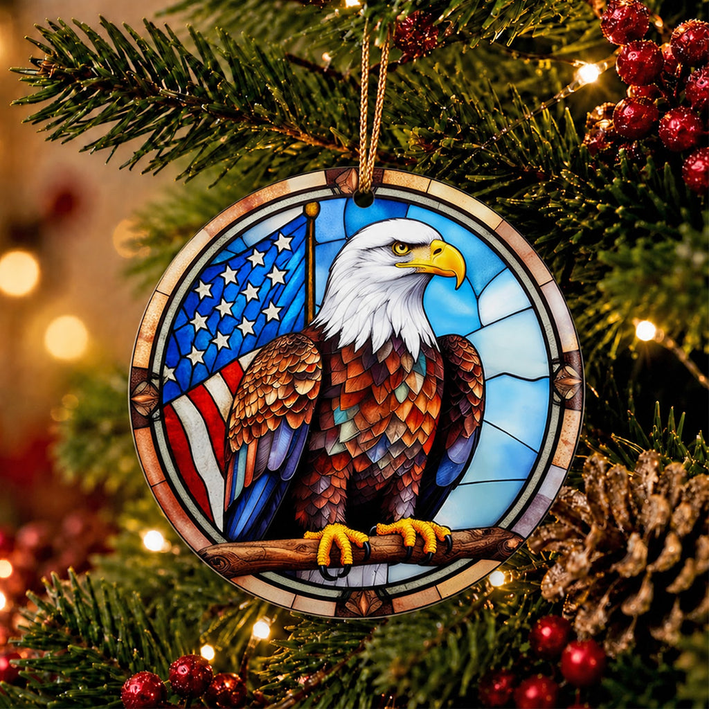 Eagle Christmas Ornament, Bald Eagle Flag Patriotic Gift, Ceramic Hanging Tree Decoration