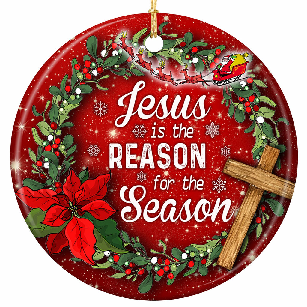 Holly and Berry Wreath Ringing a Wooden Cross and Red Poinsettia on Red Glitter. Ceramic Faith Keepsake.