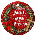 Holly and Berry Wreath Ringing a Wooden Cross and Red Poinsettia on Red Glitter. Ceramic Faith Keepsake.