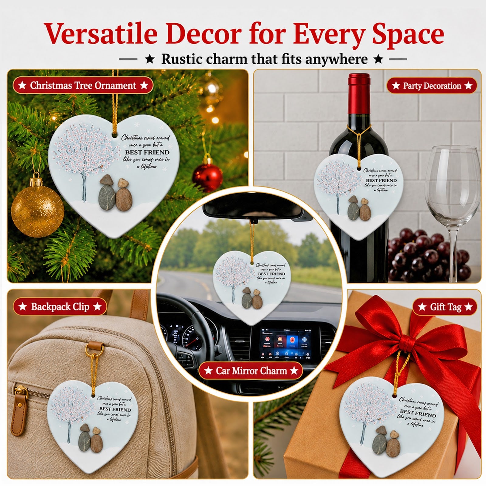 Best Friend Christmas Ornament, Heart Shaped Bestie Gift, Ceramic Hanging Tree Decoration