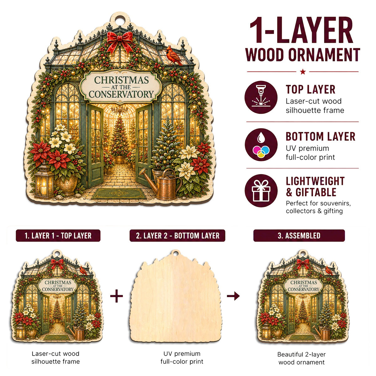 Christmas Conservatory Garden Christmas Ornament, Garden Conservatory Keepsake, Wood Ornament