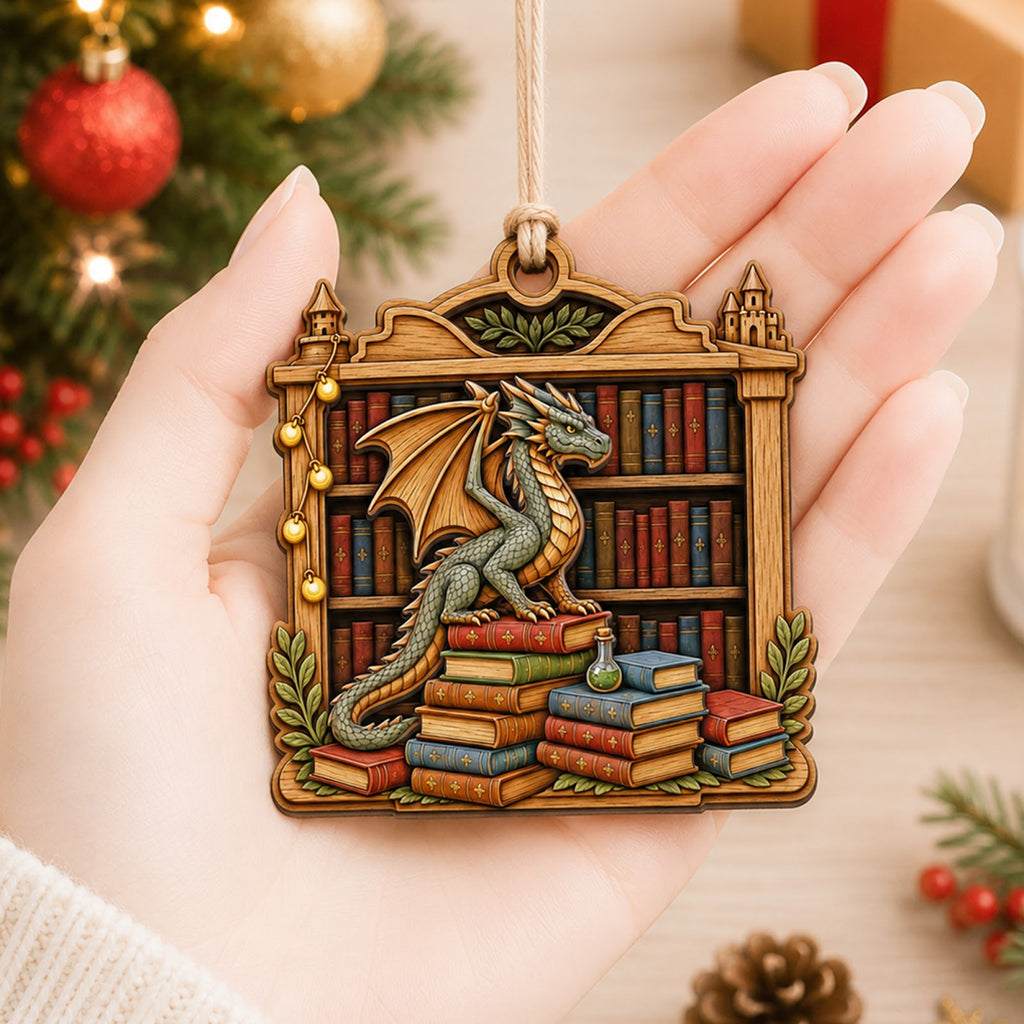 Dragon Love Book Fantasy Magic Christmas Ornament, Dragon Reader Keepsake, Wood Tree Decoration