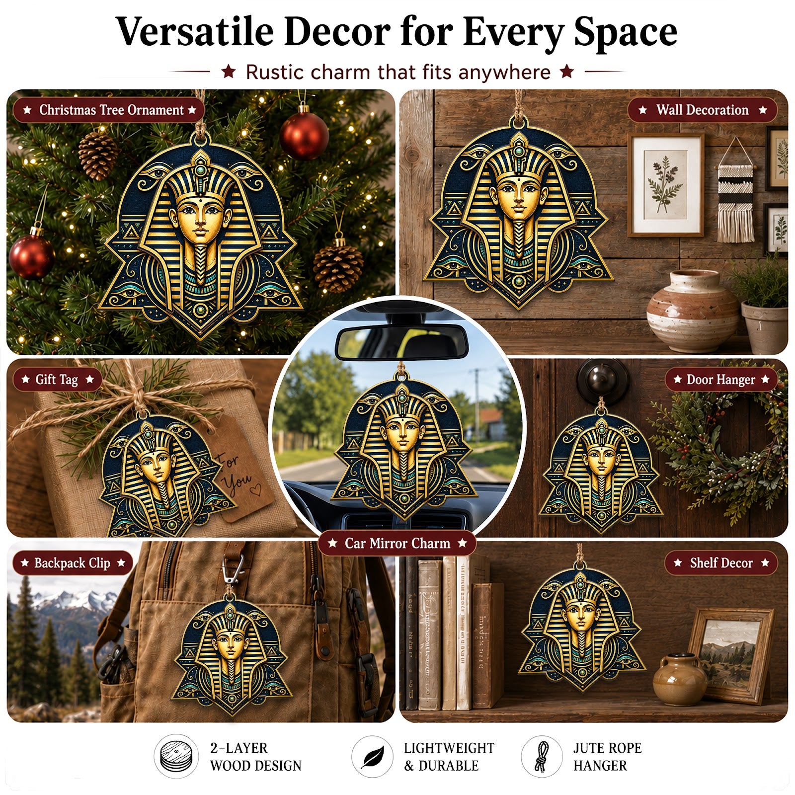 Pharaoh Egypt Ancient History Christmas Ornament, Ancient Egypt Keepsake, Wood Tree Decoration