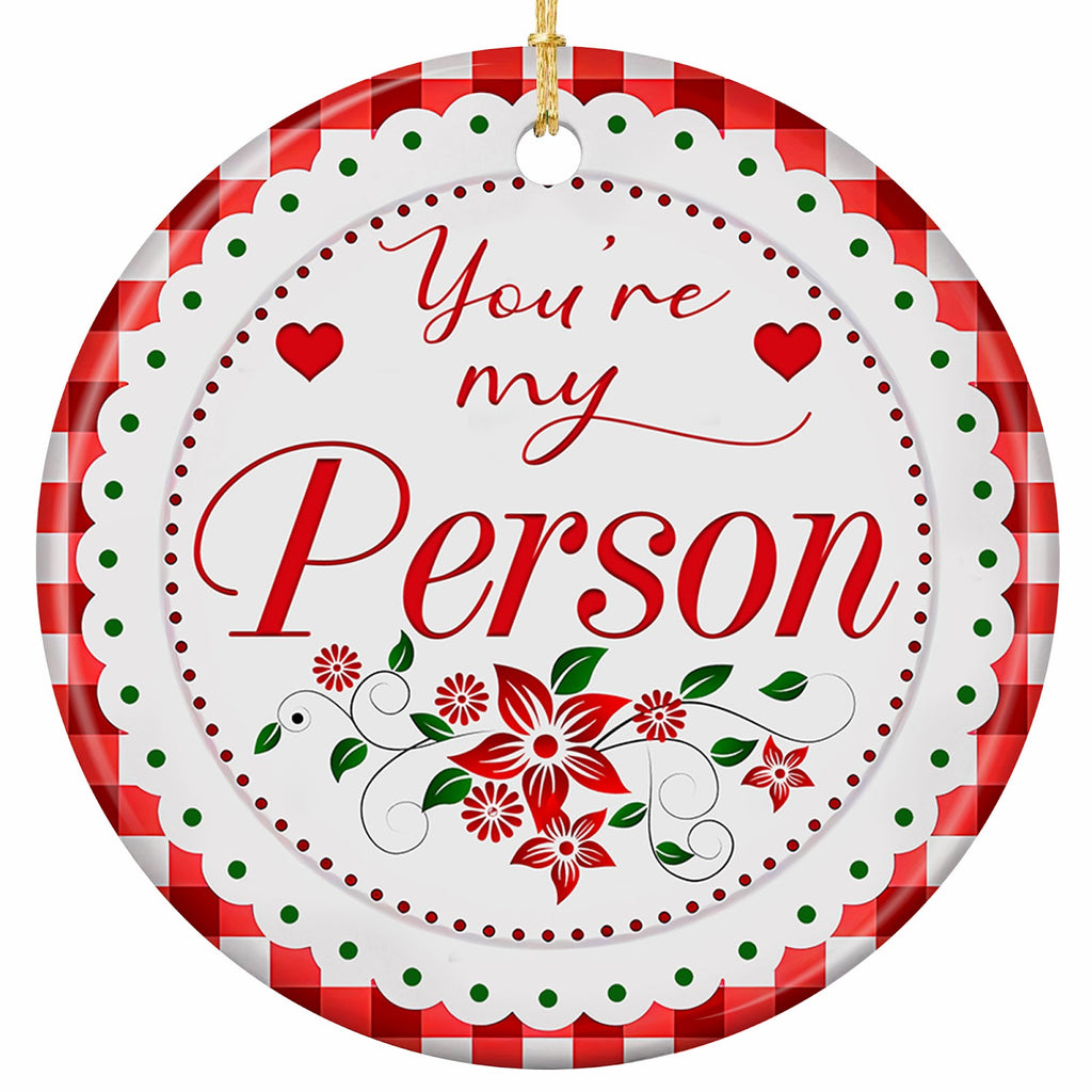 A Scalloped Medallion in a Red Gingham Ring With Poinsettias and Two Red Hearts. Ceramic Keepsake for Besties.
