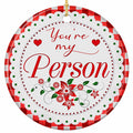 A Scalloped Medallion in a Red Gingham Ring With Poinsettias and Two Red Hearts. Ceramic Keepsake for Besties.