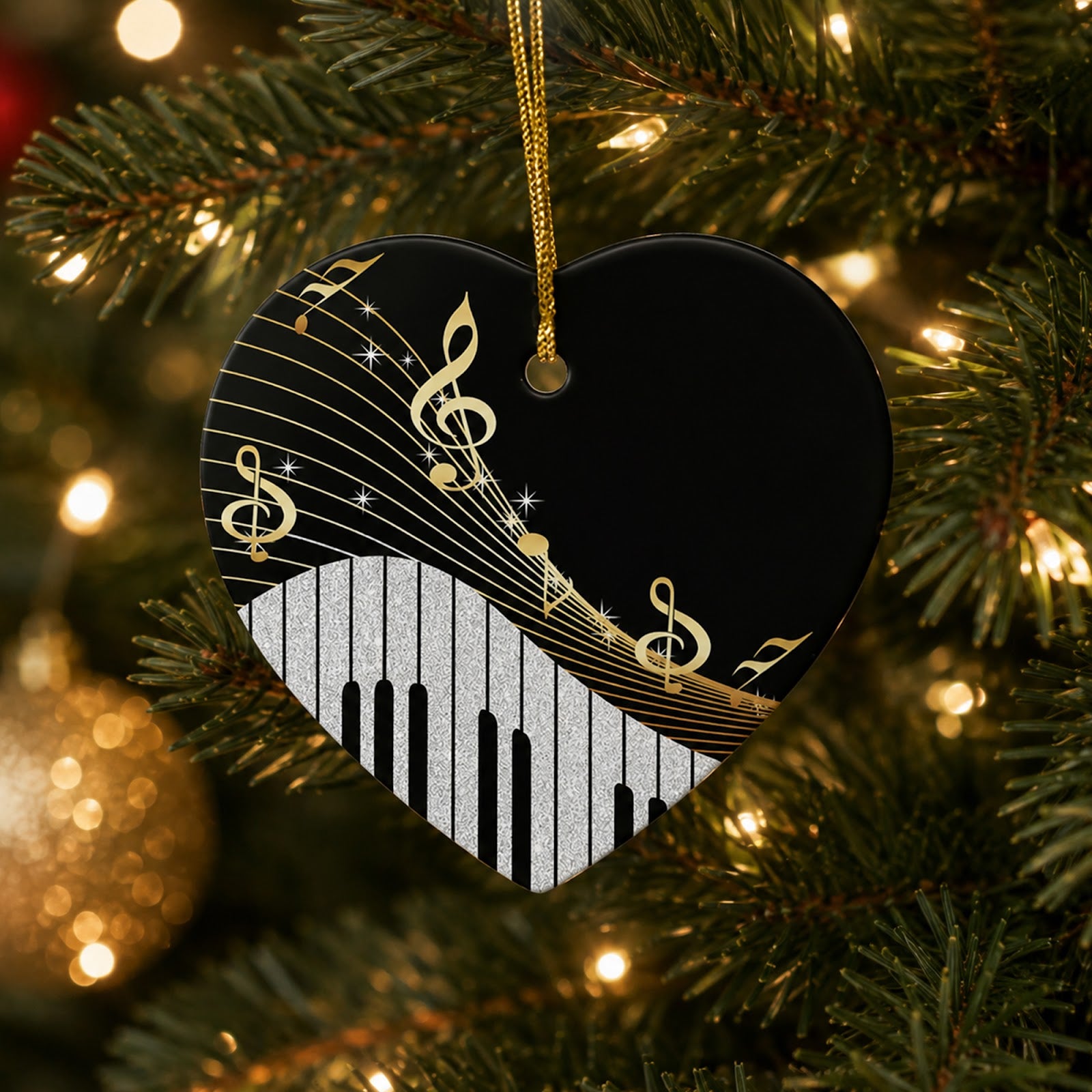 Music Christmas Ornament, Heart Treble Clef Piano Gift, Ceramic Hanging Tree Decoration