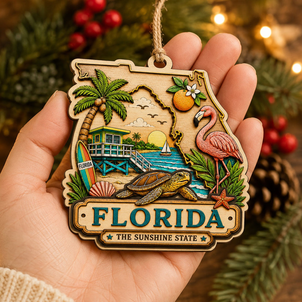 Florida Christmas Ornament, Sunshine State Beach and Palm Souvenir Gift, Wood Tree Decoration