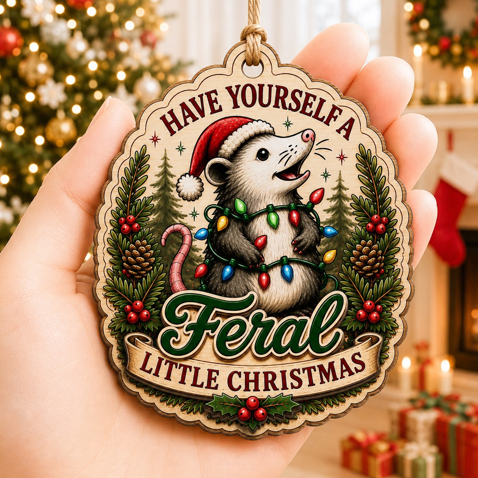 Opossum Christmas Ornament, Stocking Stuffer For Quirky Animal Lover, Wood Tree Decoration