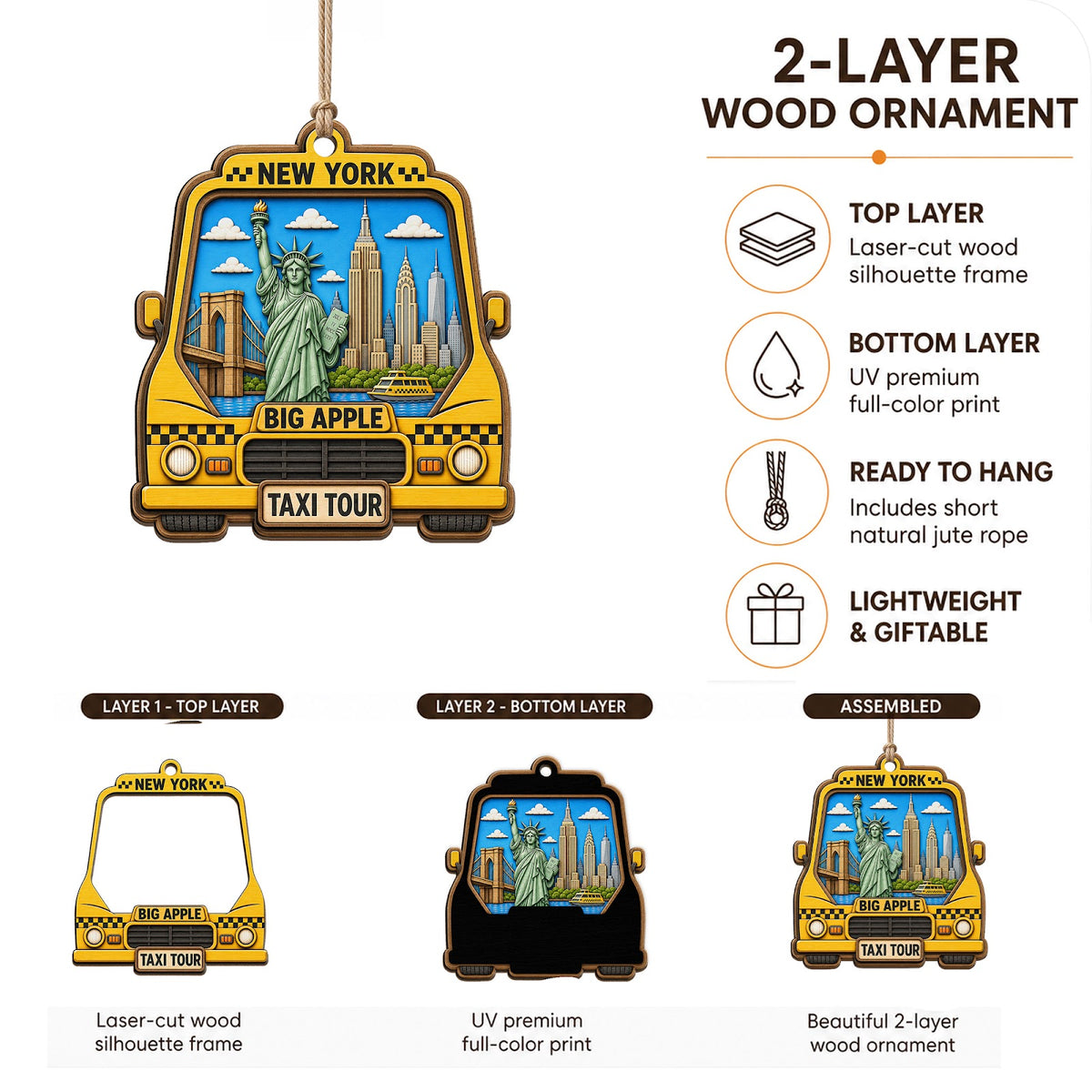 New York Taxi Christmas Ornament, NYC Yellow Cab Souvenir Gift, Wood Hanging Tree Decoration
