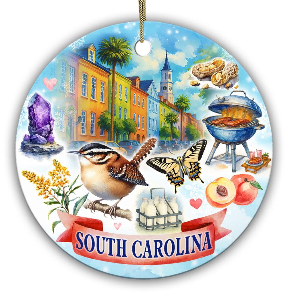 Pastel Row Houses, Palmettos, Peaches and a Backyard Grill in Watercolor. Ceramic Keepsake for the Lowcountry.