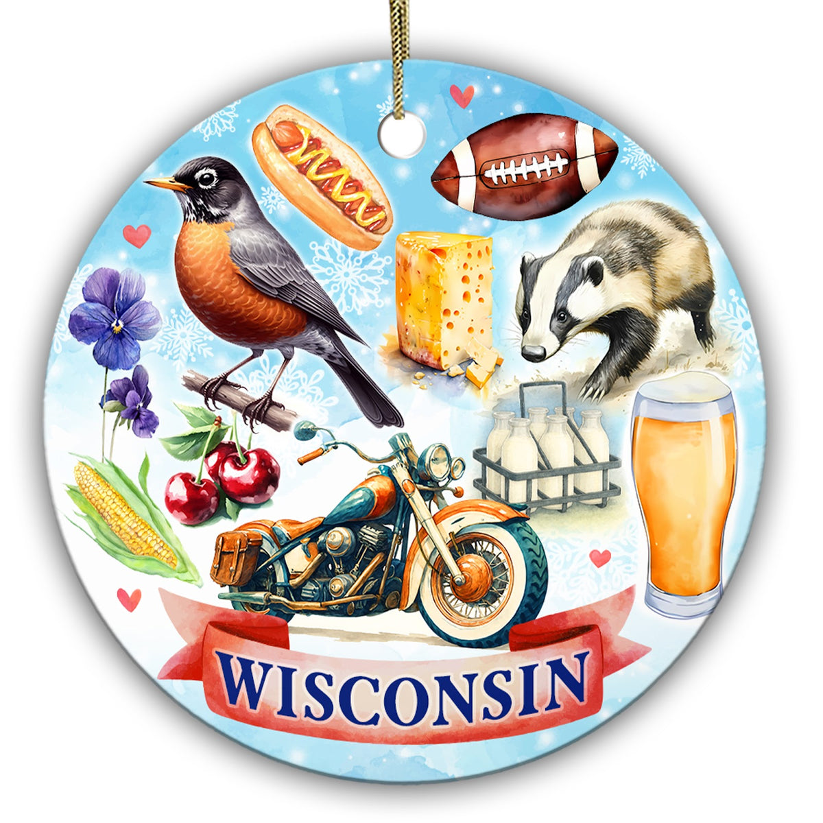 Robin, Badger, a Wedge of Cheddar and a Vintage Touring Motorcycle. Ceramic Keepsake for Wisconsin Memories.