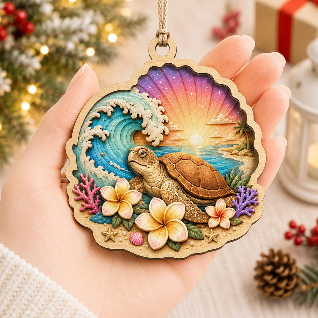 Sea Turtle Ocean Beach Marine Christmas Ornament, Marine Life Keepsake, Wood Tree Decoration