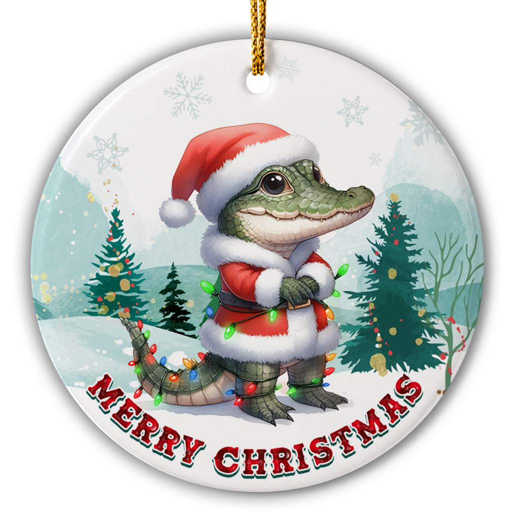 Cartoon Alligator in a Full Santa Suit Wound in Bulb Lights. Ceramic Keepsake for Gulf Coast Christmas Trees.