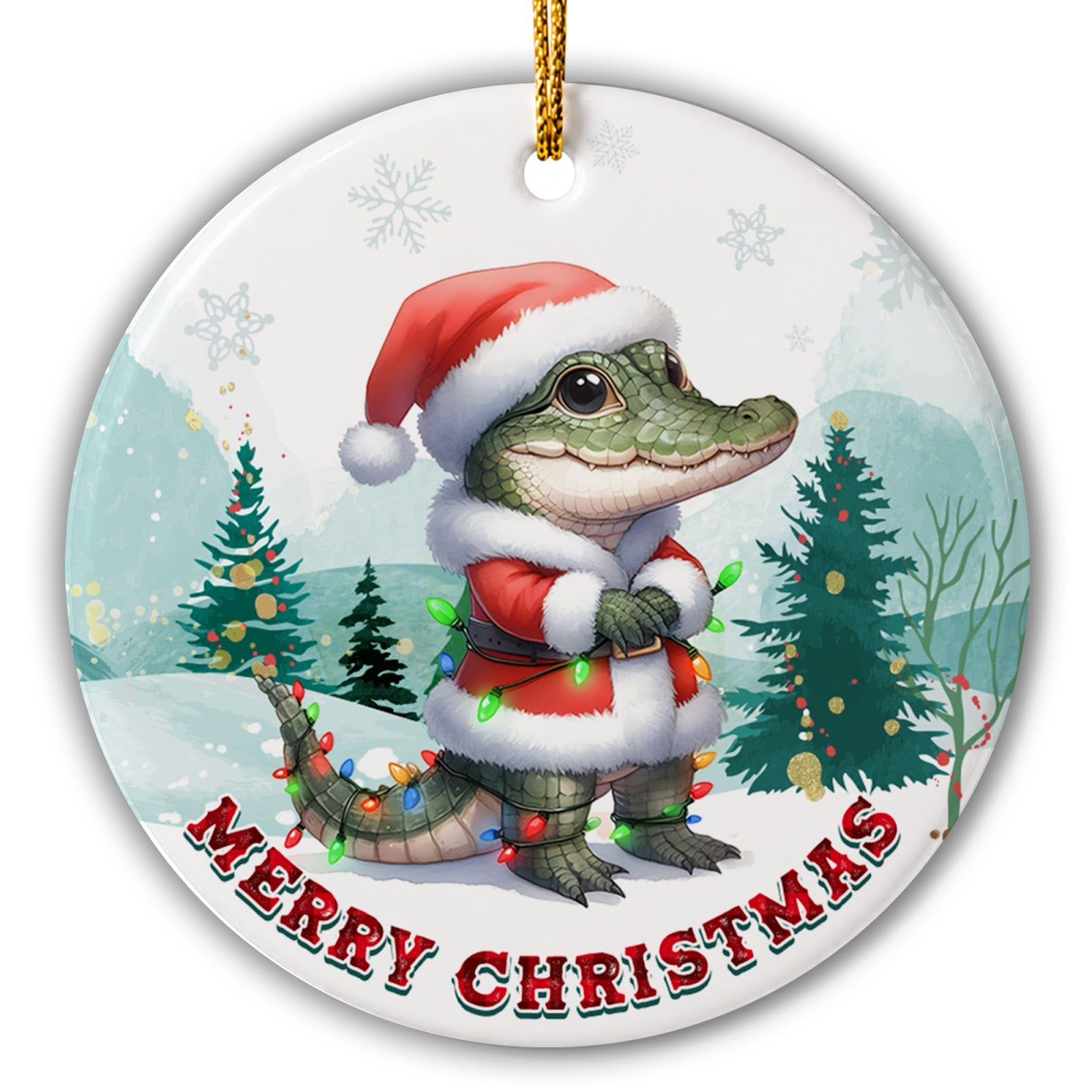 Cartoon Alligator in a Full Santa Suit Wound in Bulb Lights. Ceramic Keepsake for Gulf Coast Christmas Trees.