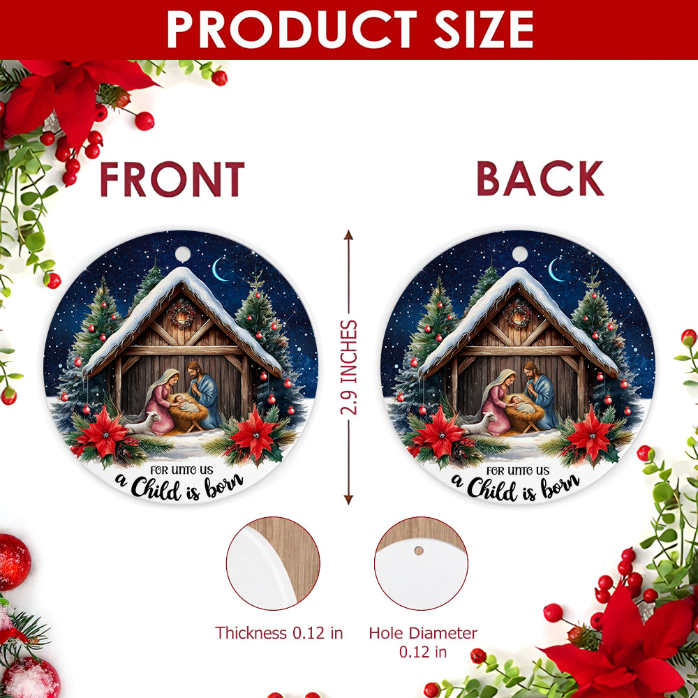 Nativity Christmas Ornament, Snowy Stable Manger Faith Gift, Ceramic Hanging Tree Decoration