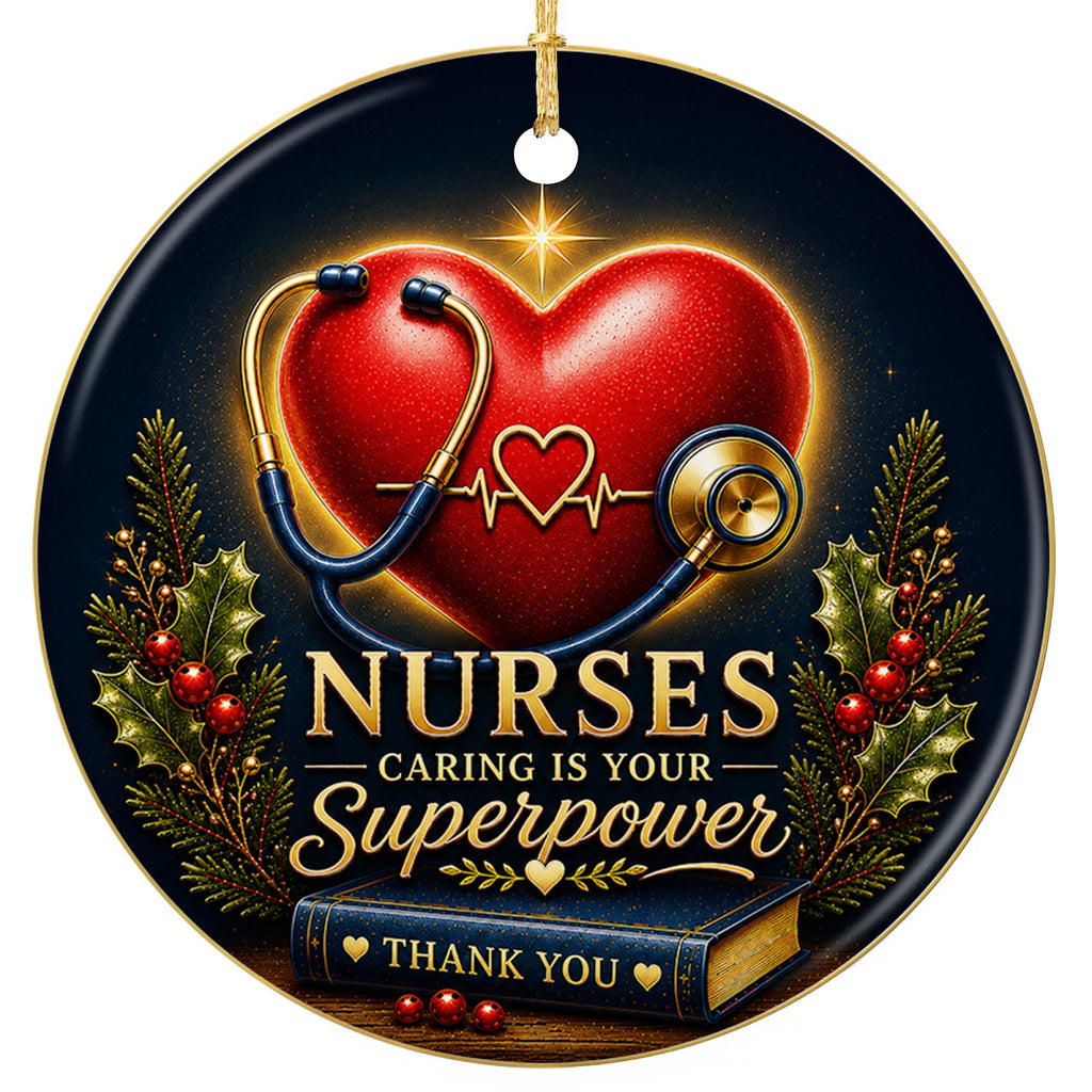 Nurses Caring Is Your Superpower design on a glazed ceramic disc. Keepsake for nurses, nurse practitioners and care staf