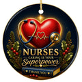 Nurses Caring Is Your Superpower design on a glazed ceramic disc. Keepsake for nurses, nurse practitioners and care staf