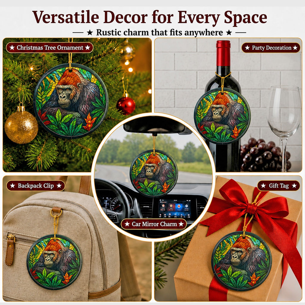 Gorilla Christmas Ornament, Stained Glass Jungle Zoo Gift, Ceramic Hanging Tree Decoration