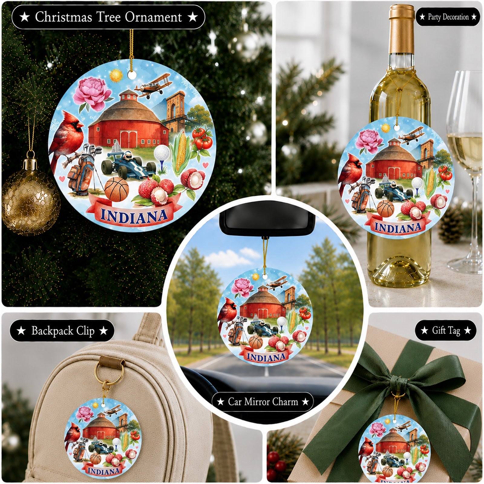 Indiana Christmas Ornament, State Souvenir Keepsake Gift, Ceramic Hanging Tree Decoration