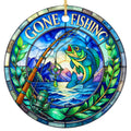 Leaping Mosaic Bass Beside a Wooden Rod and Reel Under a Starry Mountain Sky. Ceramic Keepsake.