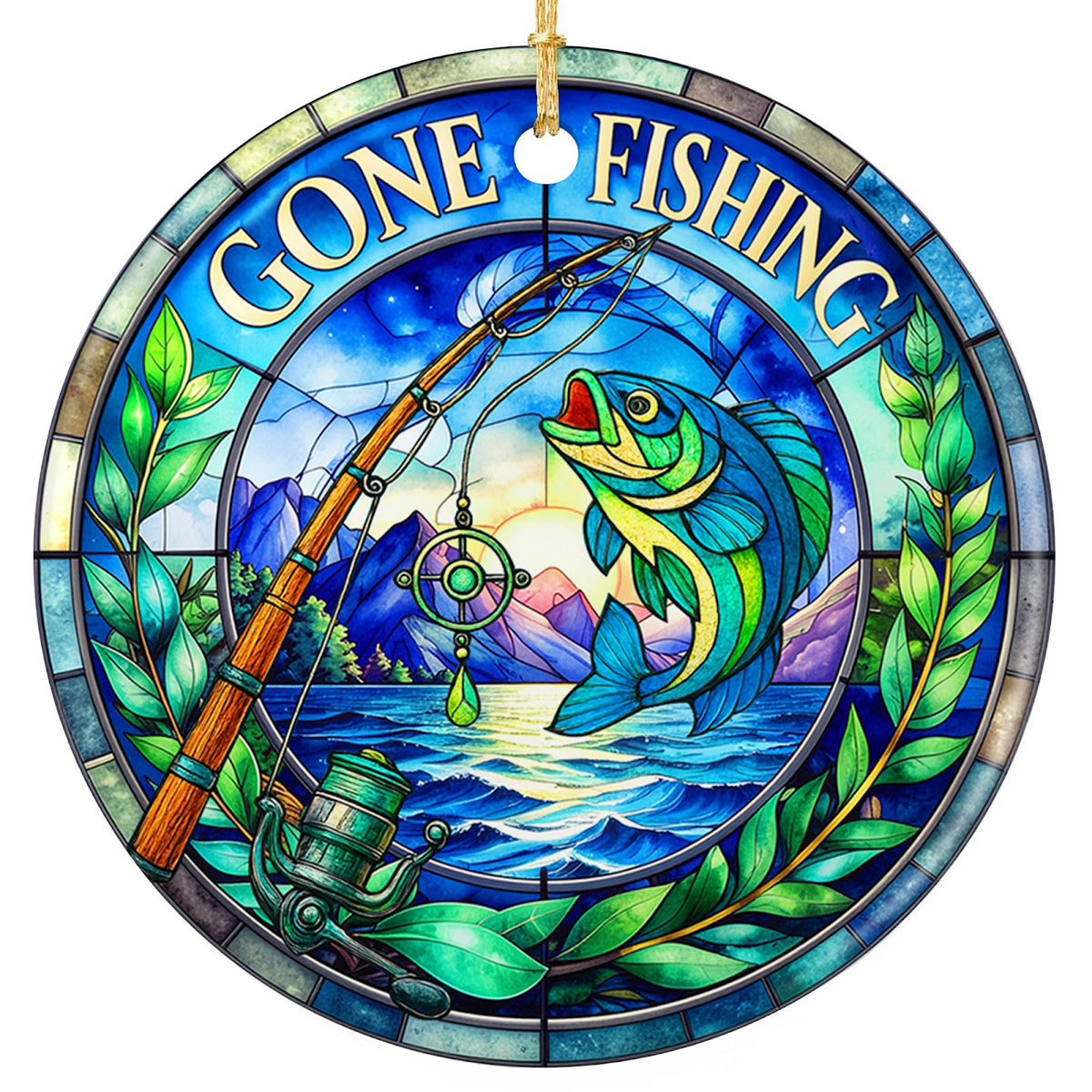 Leaping Mosaic Bass Beside a Wooden Rod and Reel Under a Starry Mountain Sky. Ceramic Keepsake.