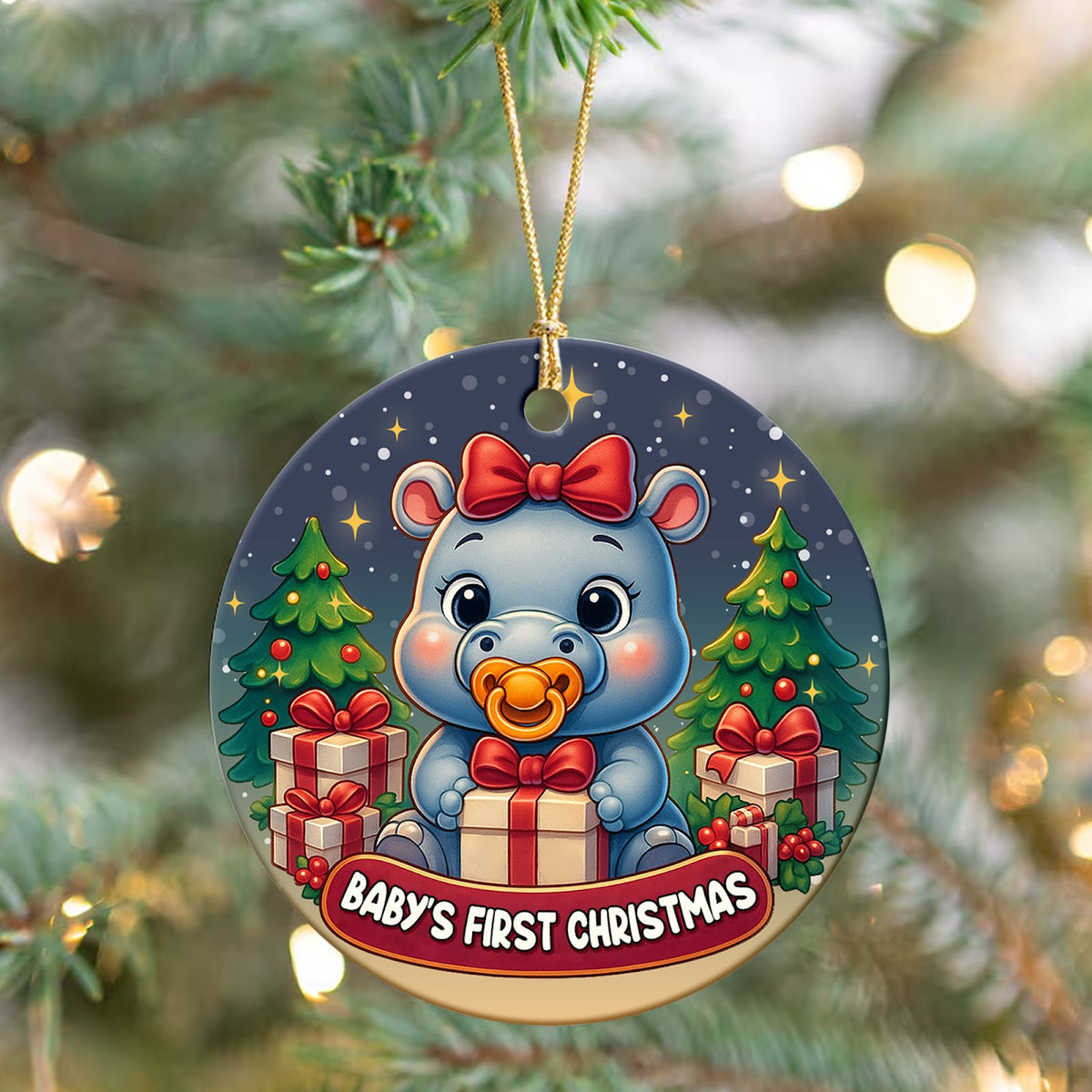 Baby First Christmas Ornament, Hippo Keepsake For Girl, Ceramic Hanging Tree Decoration