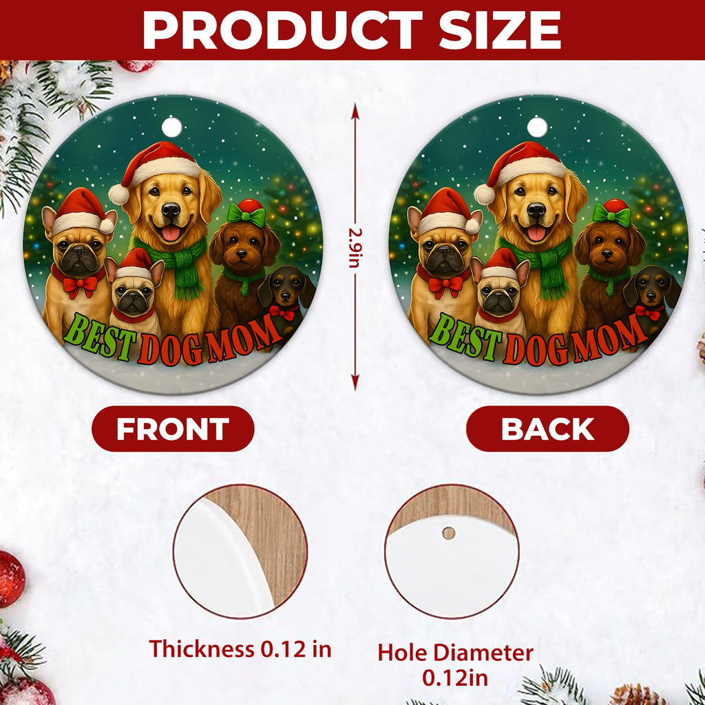 Dog Mom Christmas Ornament, Best Dog Mom Five Dogs Gift, Ceramic Hanging Tree Decoration