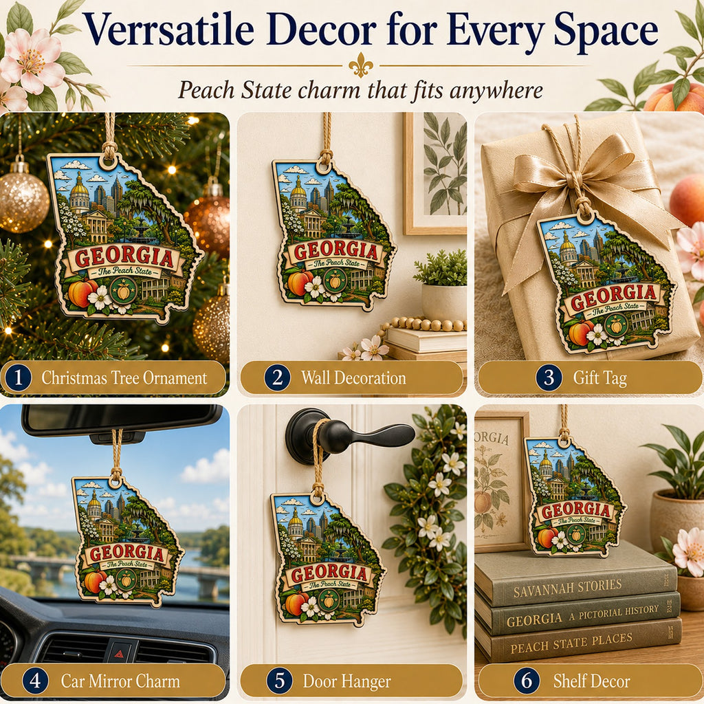 Georgia Christmas Ornament, Peach and Savannah Magnolia Souvenir Gift, Wood Tree Decoration