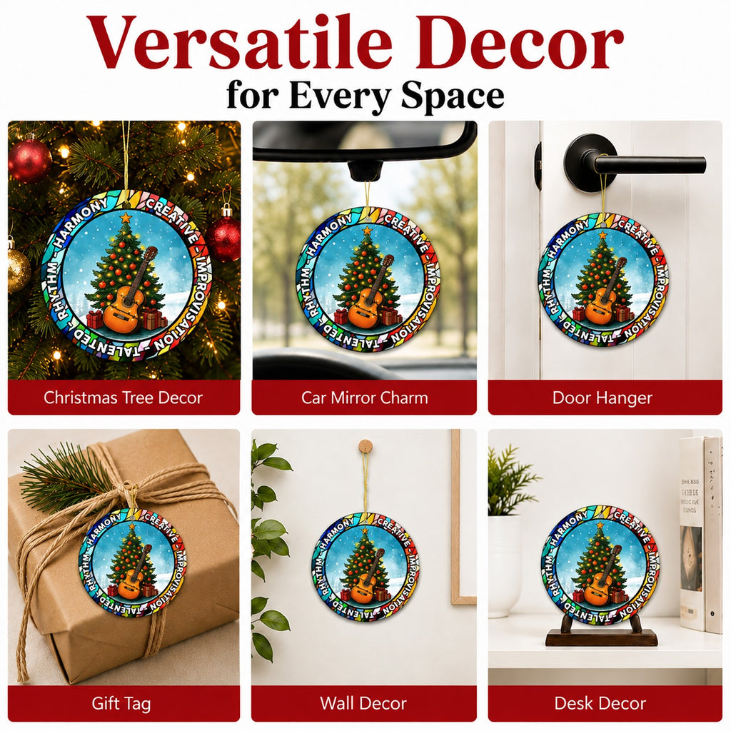 Guitar Christmas Ornament, Stained Glass Tree Music Gift, Ceramic Hanging Tree Decoration