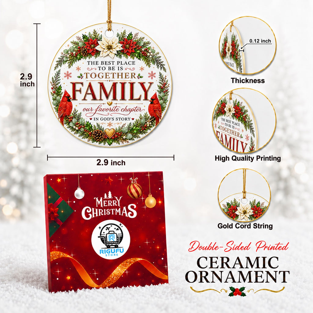 Family Together Cardinals Christmas Ornament, Christian Family Gift, Ceramic Tree Decoration