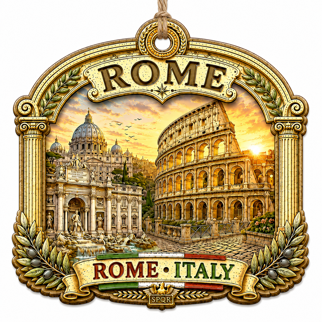 The Ancient Colosseum With Roman Forum Architecture and Classical Landmarks. Wood Keepsake for History Fans.