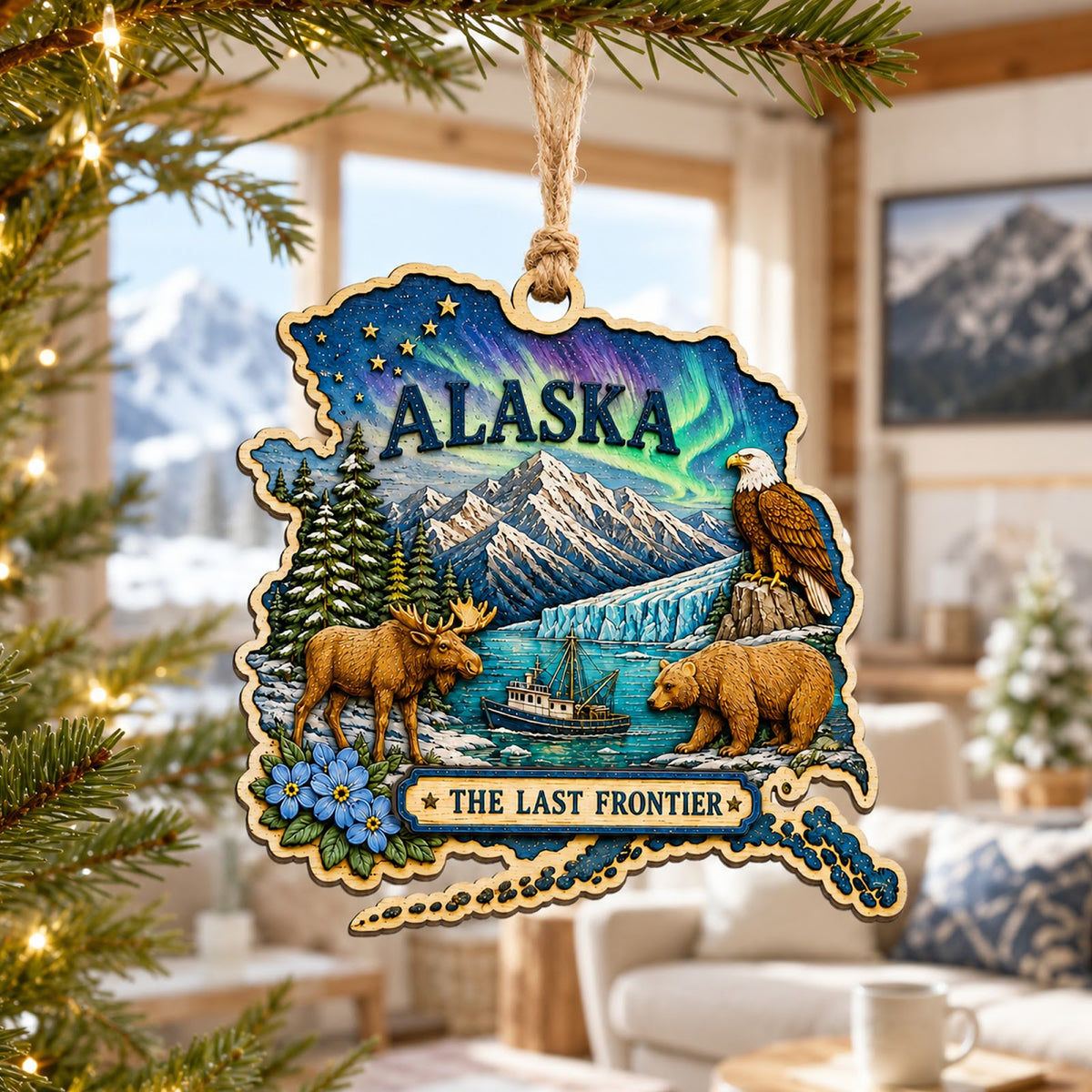 Alaska Christmas Ornament, Northern Lights and Bald Eagle Souvenir Gift, Wood Tree Decoration