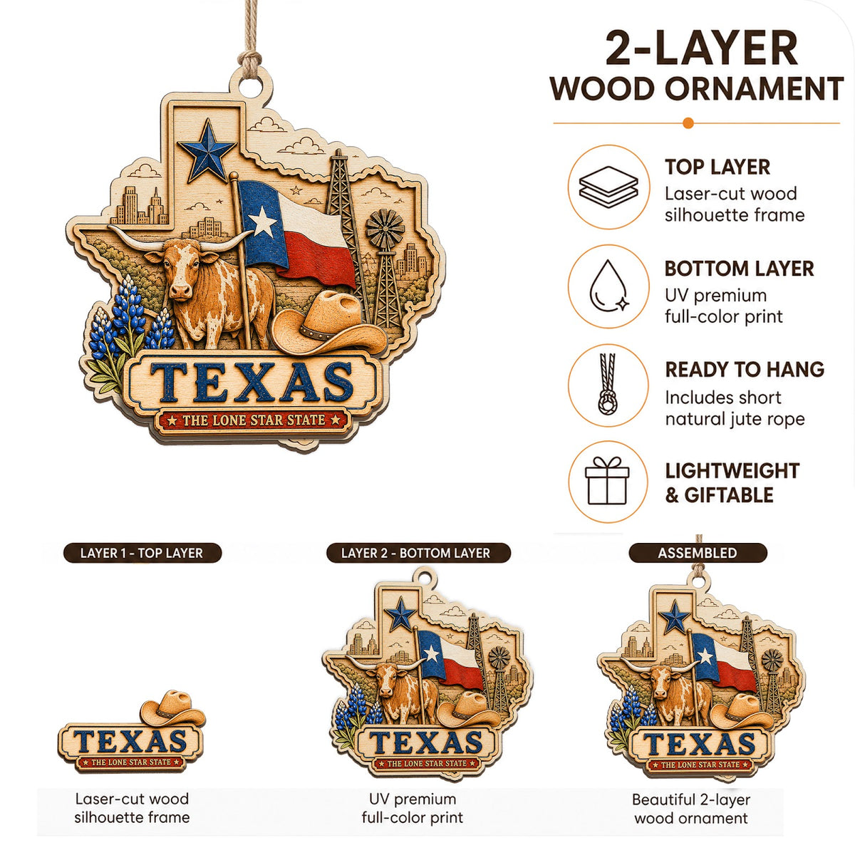 Texas Christmas Ornament, Lone Star Cowboy and Bluebonnet Gift, Wood Hanging Tree Decoration