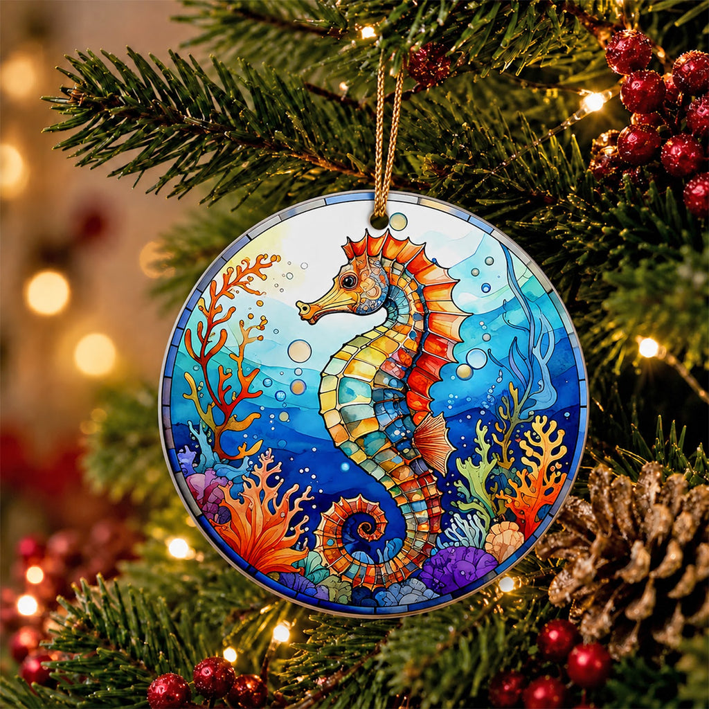 Seahorse Christmas Ornament, Stained Glass Beach House Gift, Ceramic Hanging Tree Decoration
