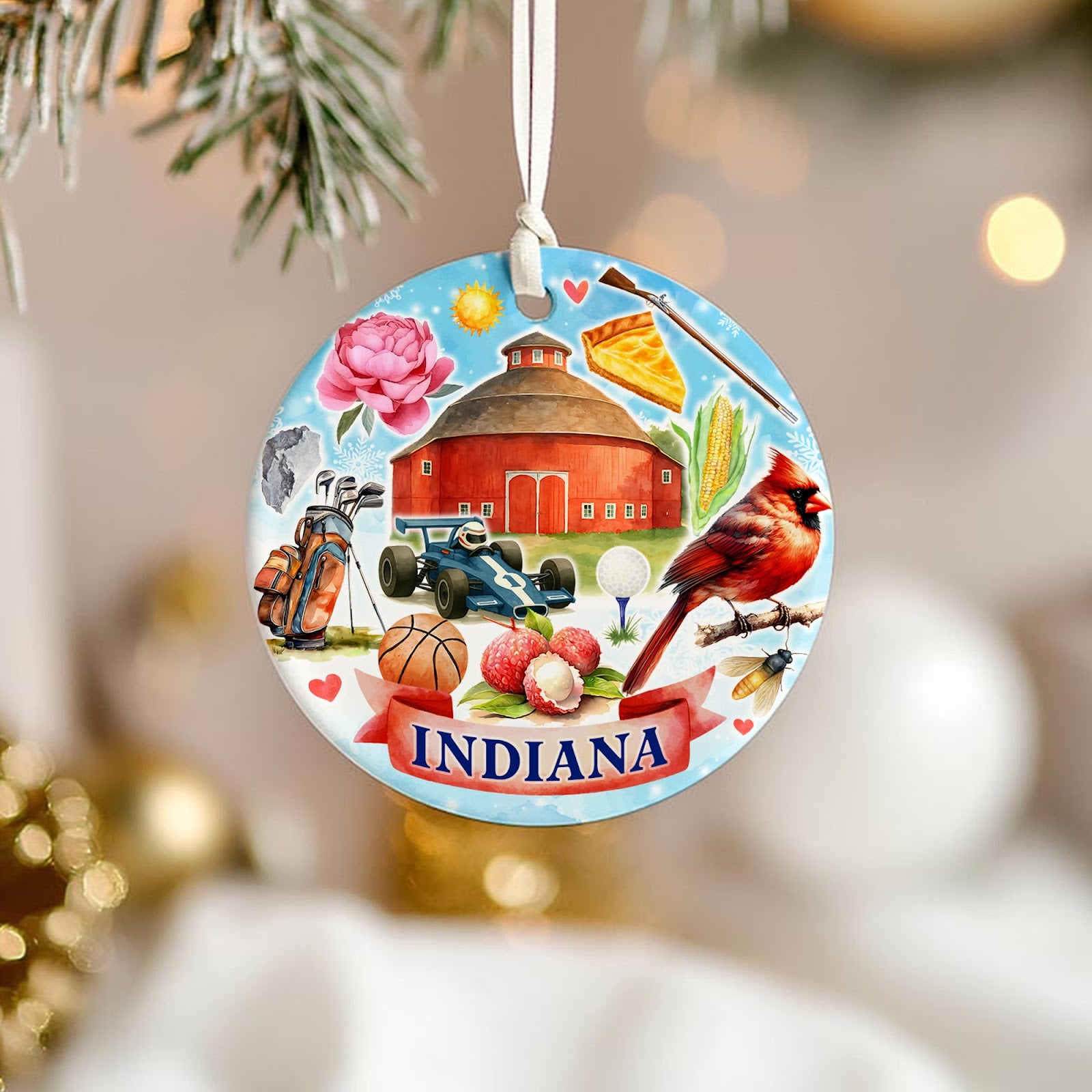 Indiana Christmas Ornament, State Souvenir Keepsake Gift, Ceramic Hanging Tree Decoration