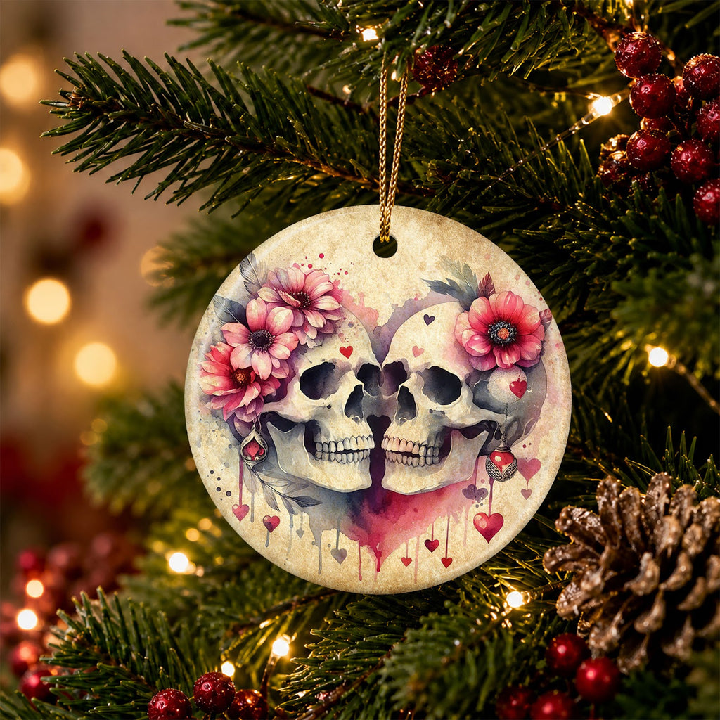 Gothic Christmas Ornament, Skull Roses Couples Keepsake, Ceramic Hanging Tree Decoration